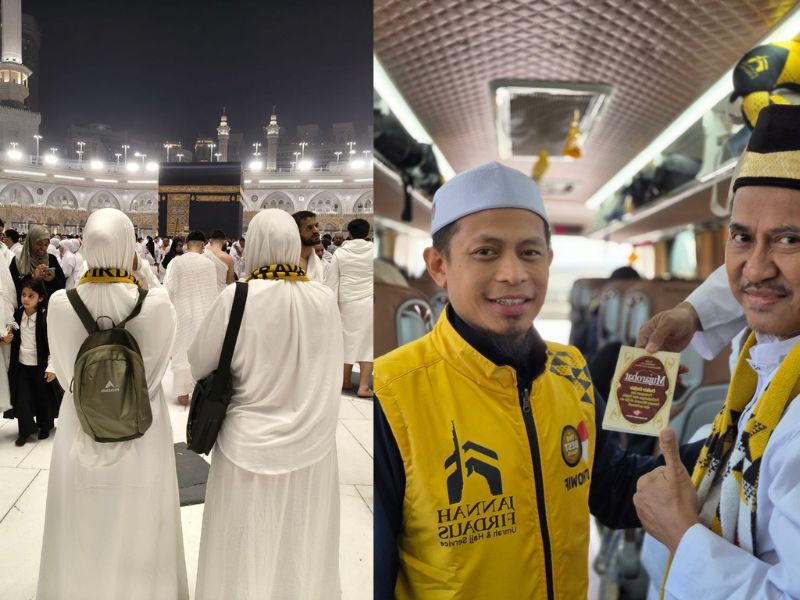Jamaah Jannah Firdaus berfoto di depan Ka'bah saat menjalankan ibadah umroh